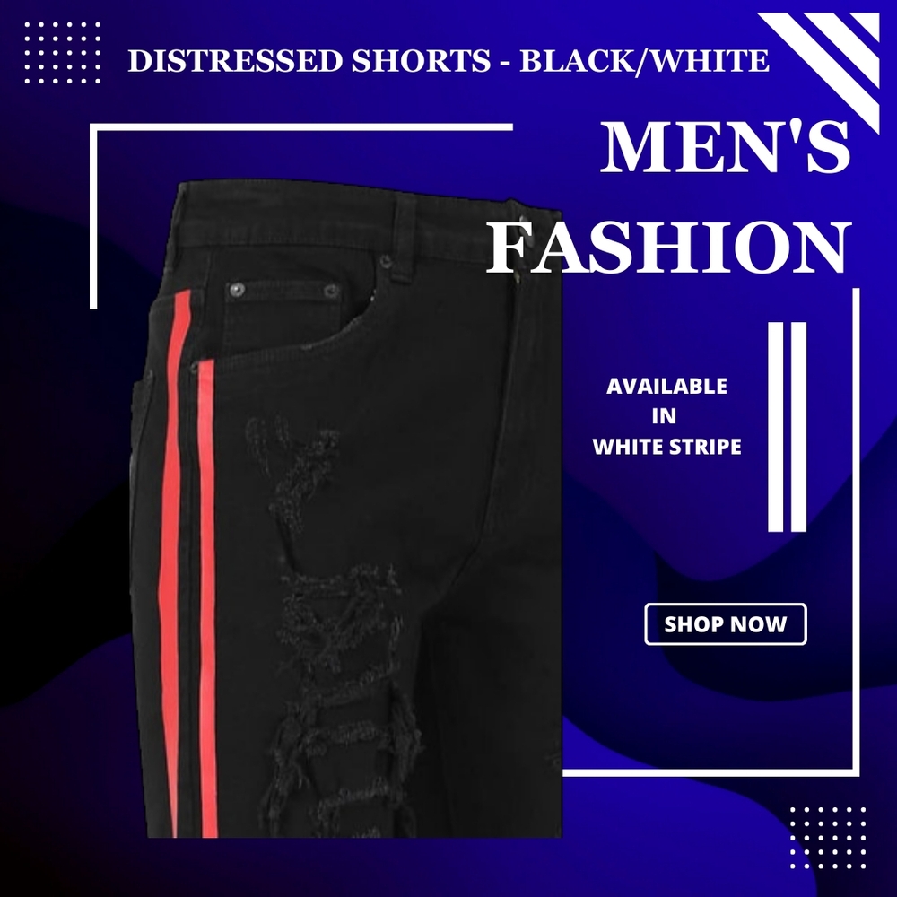 Distressed Shorts - BLACK / White Stripes